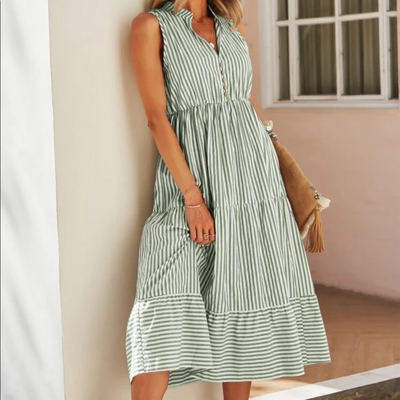 Boho striped notched neck button detail dress - Picture 9 of 16